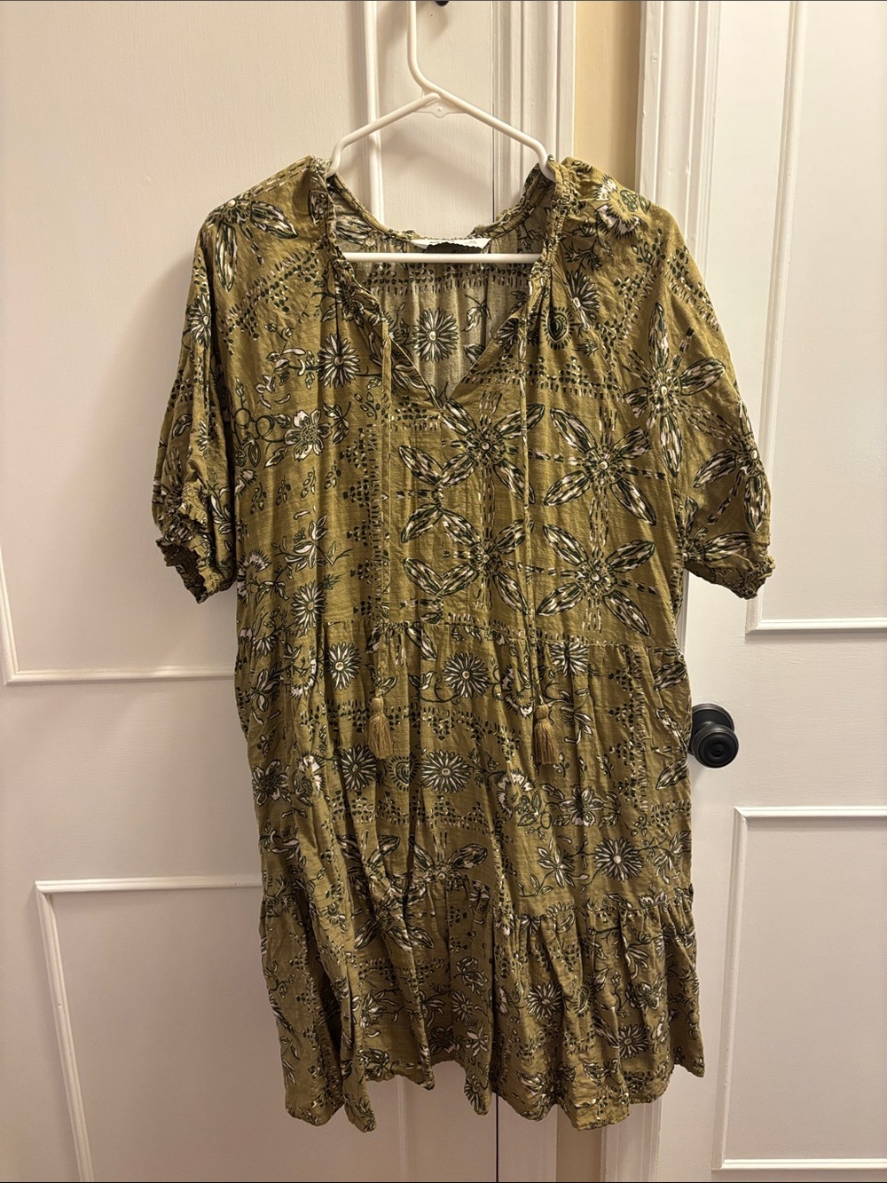 Sonoma Olive Floral Tie-Neck Tiered Midi Dress